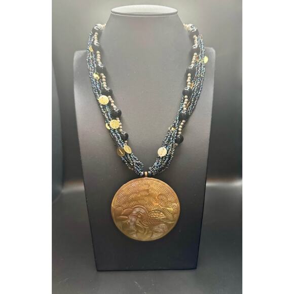 Vintage Handcrafted Brass Etched Bird Pendant with Beaded Collar Necklace - Picture 1 of 10